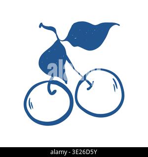 Line sketch of summer cherries. Vector outline graphics. Illustration of a pair of cherries with leaves in blue. Stock Vector