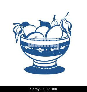 Illustration of lemons in a fruit bowl. A bowl of summer fruits. Citrus fruit in sketch line style in blue. Vector illustration. Stock Vector