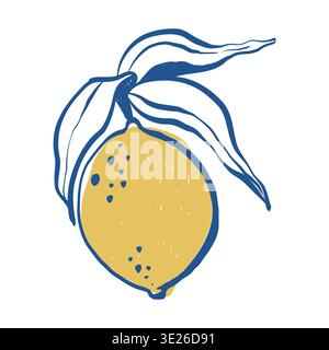 Charming hand-drawn lemon, a citrus fruit in flat style in blue and yellow colors. Vector sketch illustration. Stock Vector