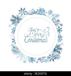 Round frame with watercolor snowflakes. hand drawing. Not AI, Vector illustrations Stock Vector