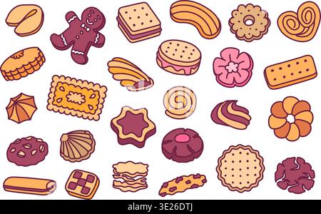 Color cookie and pastry doodle. Gingerbread man and macaron for bakery branding, kids menu or sweet snack packaging. Cute vector hand drawn set of Stock Vector