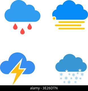 A collection of four vibrant weather icons featuring blue clouds with red rain droplets, a yellow lightning bolt, white snowflakes, and golden fog Stock Vector