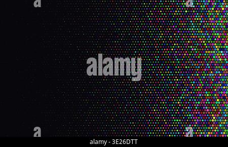 A mesmerizing digital display features a cascade of rainbow dots fading into the darkness. This vibrant halftone pattern evokes a sense of festive Stock Vector