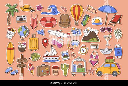 Summer travel stickers. Airplane, suitcase and palm tree for vacation, tourism cute journey concept. Hand drawn vector set of doodle beach holiday Stock Vector