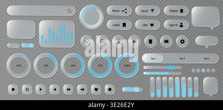Glassmorphism UI set with transparent battery widgets and frosted toggles for app dashboard mockups, realistic screen design, and glass interface or Stock Vector