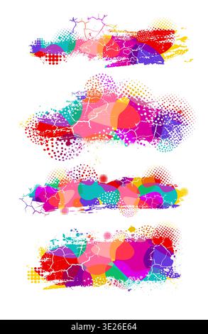 Set Colored paint blobs with cracks, dots and halftone. Hand drawn. Not AI, vector illustration. Stock Vector