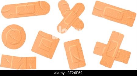 Bandage and adhesive plaster set with 3D realistic textures for first aid wound care banners, medical instruction apps, and pharmacy safety or Stock Vector