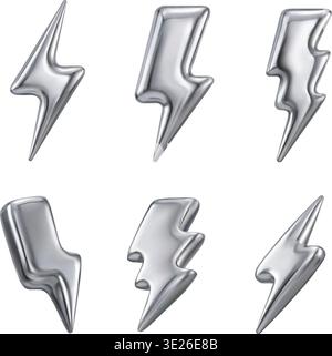 Lightning bolt set with electric sparks and metallic gradients for energy charger banners, gaming app buttons, and esports logo or sticker design Stock Vector