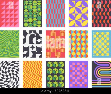 Psychedelic poster background with optical spirals and geometric cubes for retro wallpaper branding, vibrant packaging design, and groovy social media Stock Vector