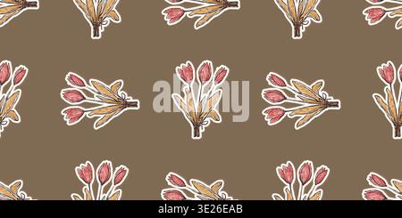 A hand-drawn pattern featuring a bouquet of tulips, rendered in crayon and presented as a sticker. Stock Vector