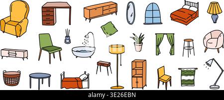 Hand drawn furniture icon set with colorful chairs and cozy decor for interior design apps, home decor clipart, and scandinavian or living room Stock Vector