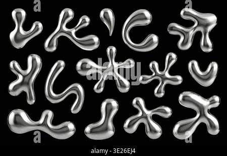 Chrome liquid 3d with blob metallic drop and metal set glossy. Reflective mercury shape with shiny futuristic y2k and vector cyber organic. Amorphous Stock Vector