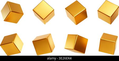 Golden 3d square with cubes box geometry and set geometric gold. Shape cube realistic with yellow metallic glossy and metal cubic vector. Render shiny Stock Vector