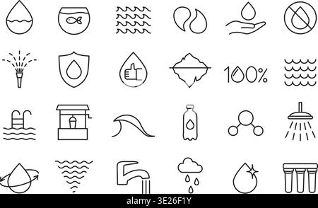 Water h2o waves with drop aqua faucet and tap droplet filtration. Filter shower line with icons sprinkler pool and swim bath recycle. Quality hygiene Stock Vector