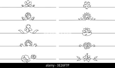 Floral borders separators with one line divider frame for ornament flourish lotus. Rose lily iris with peony hydrangea tulip for flowers horizontal Stock Vector