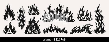 Fire burning flames with flame bonfire doodle for set blaze campfire. Spark smoke hot with heat energy hazard for warning danger safety. Decal tattoo Stock Vector