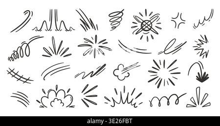 Comic doodle manga and motion lines anime with speed whoosh swoosh. Burst starburst sparkle and shine impact hit with zap pow boom. Sketch comic Stock Vector