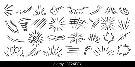 Comic anime motion with movement manga doodle and elements speed lines. Burst starburst sparkle with swoosh whoosh impact and zap boom explosion Stock Vector