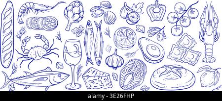 Mediterranean fish tuna and food seafood salmon with shrimp prawn crab. Doodle lobster mussel and clam oyster lemon with olive oil bread. Baguette Stock Vector