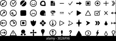 Bullet arrows check and point icons tick with cross icon ui. Close plus minus and play square circle with triangle star trophy. Award bullet arrow and Stock Vector