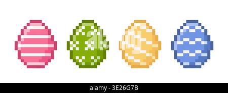 Set of pixel art Easter egg. Four painted colorful eggs in pink, green, yellow and blue. 8-bit icons in the retro style. Isolated illustration. Stock Vector