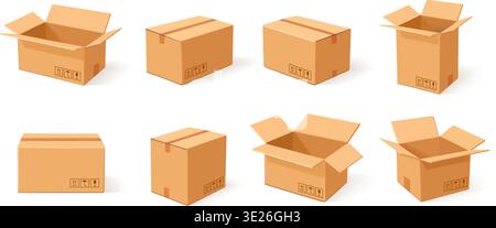 Cardboard box set, open closed parcel packages, realistic carton collection. Packaging, delivery, logistics, moving, ecommerce, warehouse graphics Stock Vector