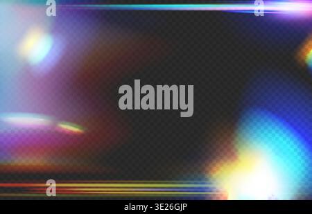 Glowing holographic light leaks, lens flares, rainbow streaks, transparent background. Cinematic overlay, poster, banner, cover, social media, web Stock Vector