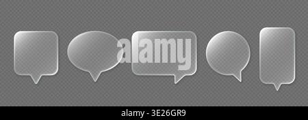 Translucent speech bubble set, frosted glass chat message shapes, transparent background. UI, messenger, app, social media, website comment interface Stock Vector
