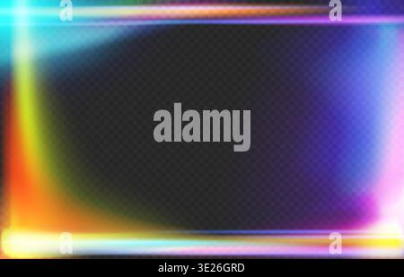 Holographic light frame, rainbow glow border, transparent center copy space. Banner, poster, social media, video overlay, web cover, futuristic design Stock Vector
