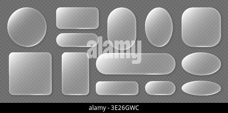 Frosted glass UI shapes set, rounded transparent panels, buttons, cards, blank placeholders. Mobile app, web interface, dashboard, presentation design Stock Vector