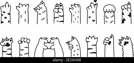 Funny cats animal paw gestures set, cute doodle hands, rude finger signs, heart symbol poses, playful mood. Sticker, print, emoji, social media design Stock Vector