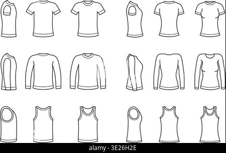 shirt template set, men women tops, tank tops, long sleeve shirts, front side views. Fashion mockup, print design, ecommerce catalog, tailoring guide Stock Vector