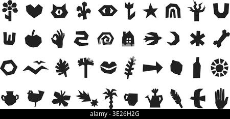 Abstract linocut geometric symbols set, black primitive icons, folk cutout shapes. Logo, branding, label, poster, packaging, sticker, textile, app Stock Vector