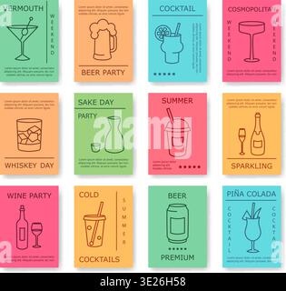 Colorful drink poster template set, cocktail beer wine flyer collection, minimal line art style, festive nightlife mood. Bar menu, restaurant Stock Vector
