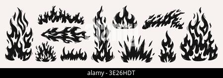 Black stylized flames set, blazing fire shapes, intense hot energy, danger mood. Logo, sticker, tattoo, poster, racing, apparel design, grunge hand Stock Vector