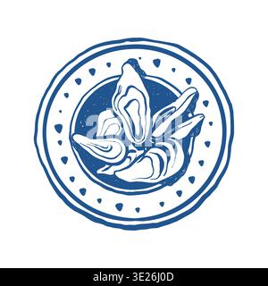 A plate of oysters, a vector outline illustration for a restaurant menu or logo. The drawing is hand-drawn in a doodle style. Vector blue line art on a white background. Stock Vector