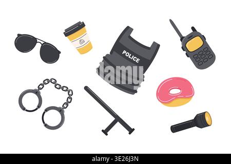 Everything police officer needs on duty. Sweet snack, coffee. Protective gear, communication devices. Flat vector illusntation. Stock Vector