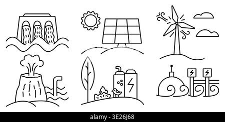 Renewable energy black line icon set, editable stroke signs. Hydropower, solar energy, wind power, geothermal energy, bioenergy, tidal and wave power. Stock Vector