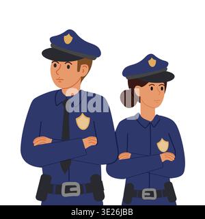 Police on guard. Strict male and female police officers in full gear looking around attentively. Flat vector illustration. Stock Vector