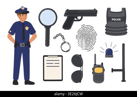 Police officer and his inventory. Man in summer blue police uniform and items for his work. Vector illustration in flat style. Stock Vector