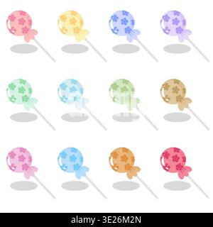 A premium set of 12 colorful lollipops with star patterns, sprinkles, and soft shadows. Isolated flat vector icons for sweet shop branding, stickers, Stock Vector