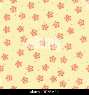 Vibrant seamless pattern featuring pink stars and colorful sprinkles on a yellow background. Perfect for candy shop branding, nursery decor, gift wrap Stock Vector