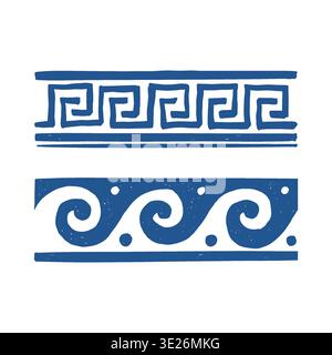 Seamless border in the style of Greek doodles in blue. Hand-drawn Roman ornament. Wave and geometric pattern in a graphic sketch style. Hand-drawn Greek ethnic repeating stripe. Vector illustration isolated on a white background. Stock Vector