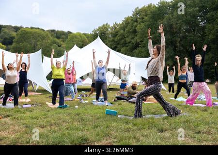 Diverse group of people practicing yoga warrior pose at an outdoor wellness festival Stock Photo