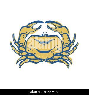 Vector flat sketch illustration of a crab on a white background. Clipart of a sea crab in blue and yellow. Seafood Stock Vector