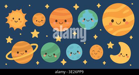 System space sun with planet solar cute and cartoon vector moon. Earth celestial drawing with kawaii system character and galactic logo milky. Pixel Stock Vector