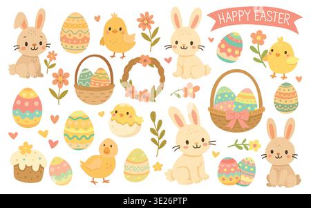 Easter egg cute for flower spring plant and animal bunny happy. Rabbit chick background for element chicken easter and set basket vector. Easter Stock Vector