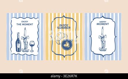 Hand-drawn posters featuring drinks, candles, bows, and breakfasts. Sketchy vector illustrations of food and coffee for weddings, menus, and parties. Minimalistic line art in blue and yellow. Trendy striped background and whimsical frames. Stock Vector