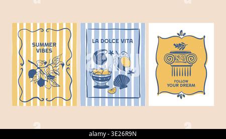 Yellow and blue Amalfi summer posters set. Coastal poster template. Vector illustrations of citrus fruits, Mediterranean cuisine, and a textured outline in blue and yellow. A trendy striped background Stock Vector