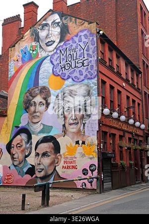 The Molly House on Richmond Street, Manchester, with LGBTQ+ icons mural on the gable end in the city’s Gay Village, England. Stock Photo